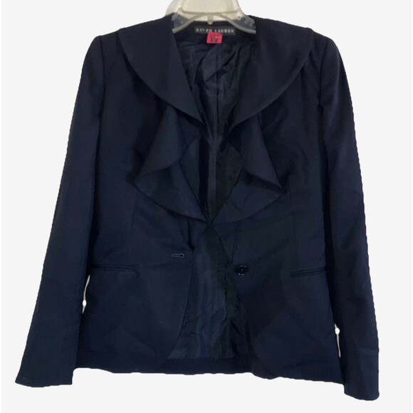RALPH LAUREN BLACK LABEL sz S Solid Black Ruffle Collar Jacket Lined Blazer Slim - Picture 1 of 6